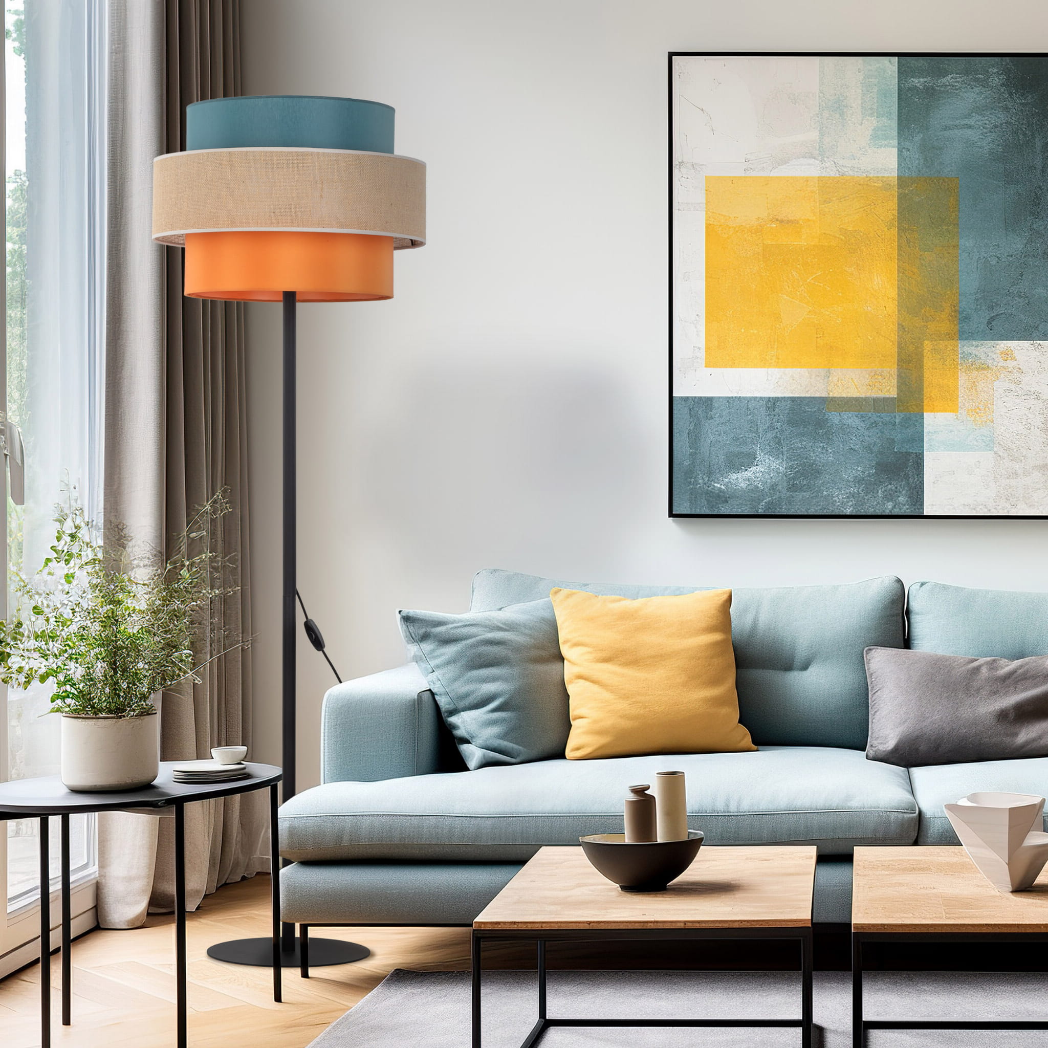 Lampa podłogowa nowoczesna boho skandynawska abażur materiałowy czarna multikolor TK Lighting Trio 6452 1x15W E27
