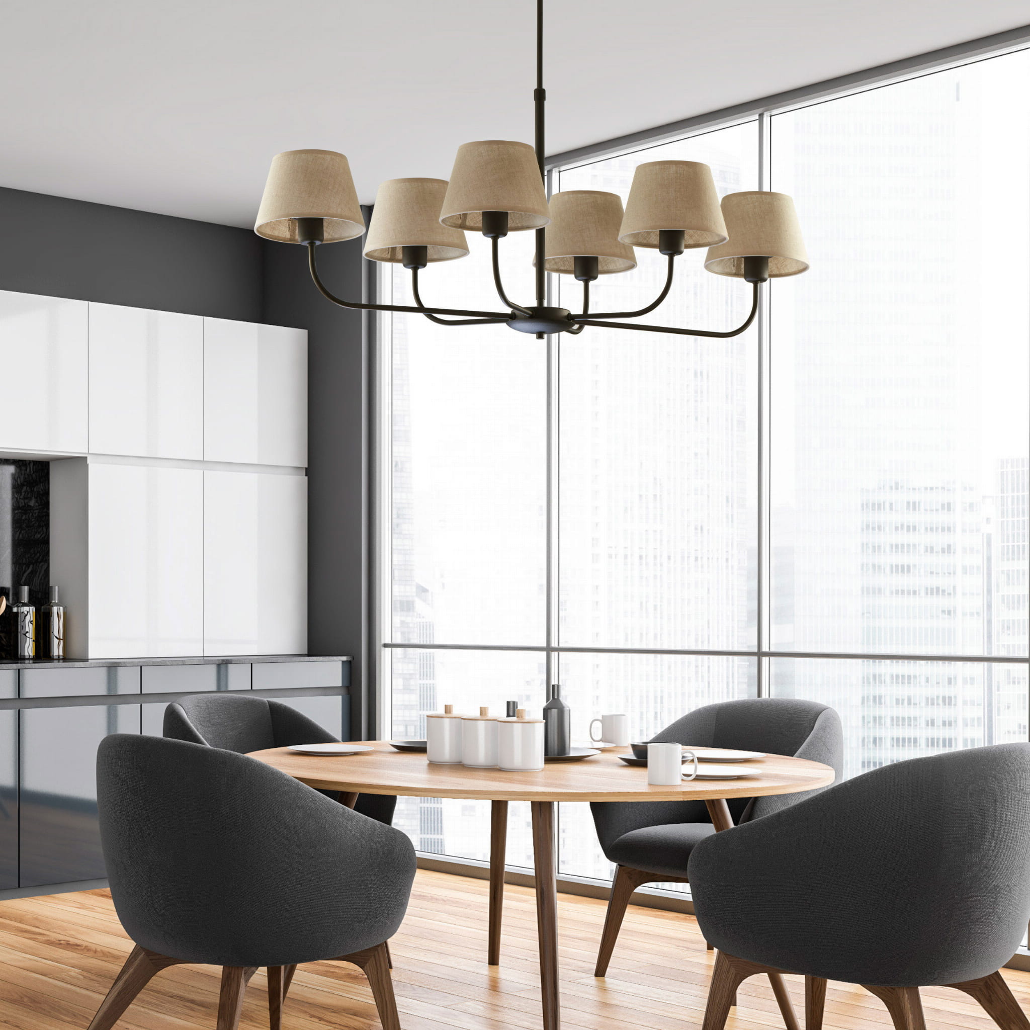 Lampa wisząca duża do salonu z abażurem len TK Lighting Chicago 3999 5x60W E27 czarna beżowa