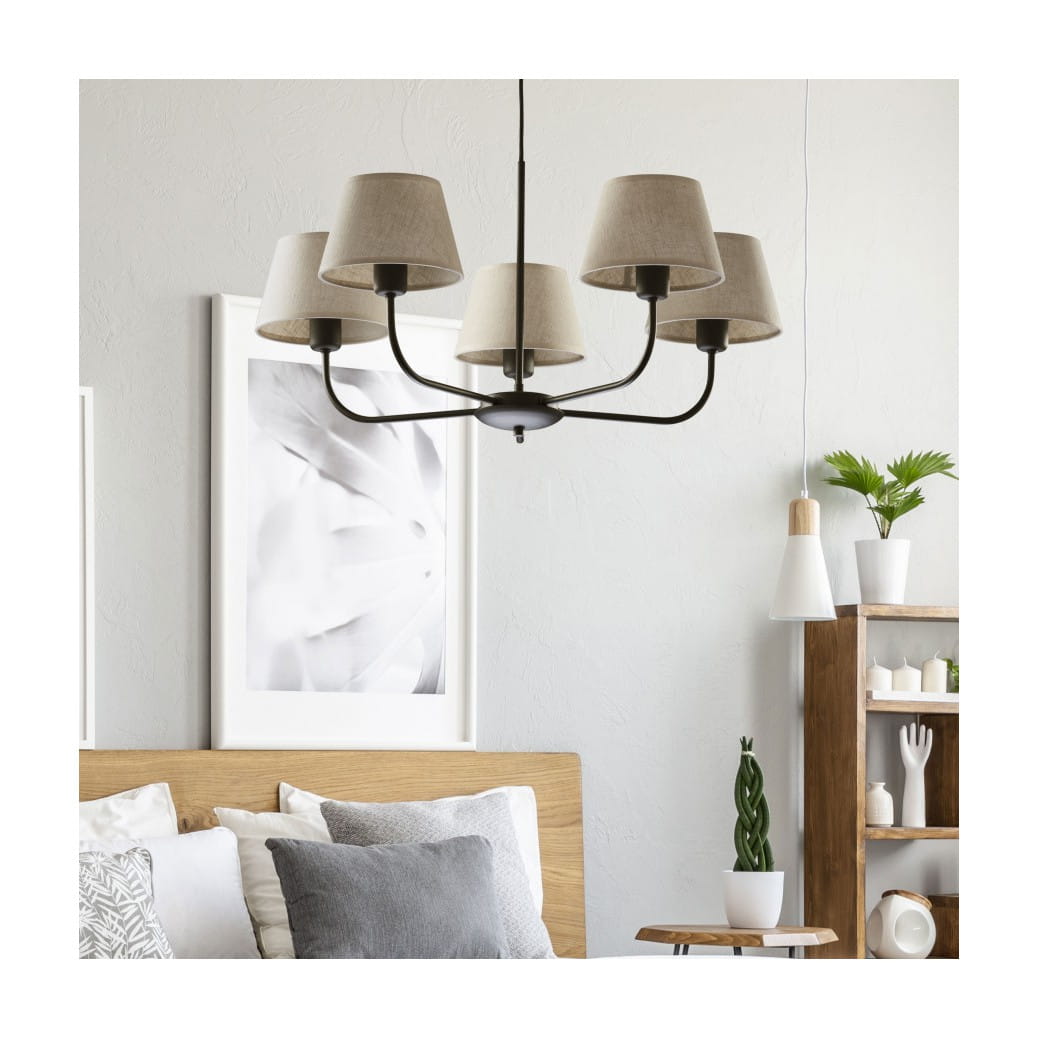Lampa wisząca duża do salonu z abażurem len TK Lighting Chicago 3989 5x60W E27 czarna beżowa