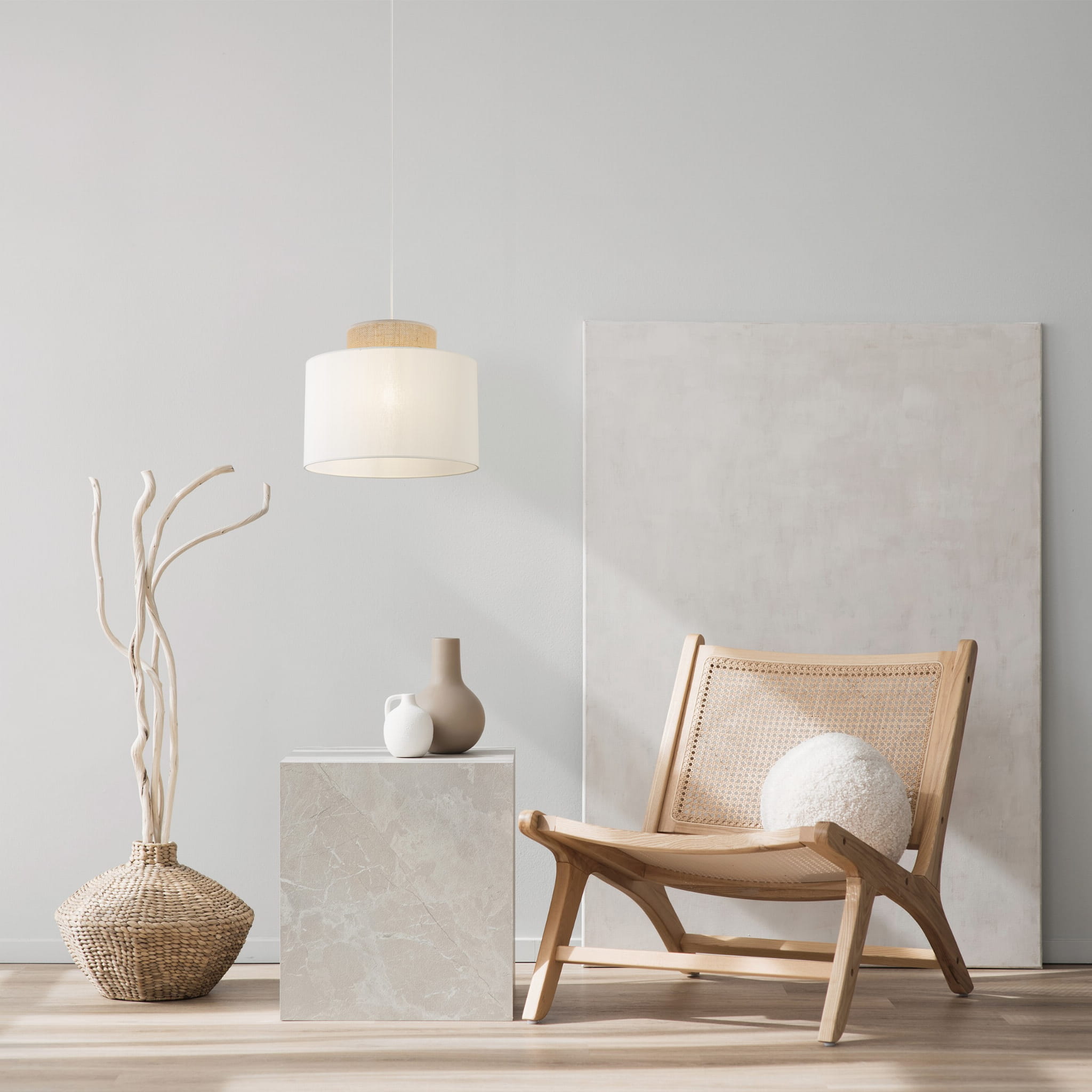 Lampa wisząca nowoczesna boho skandynawska abażur materiałowy juta biała TK Lighting Duo 1856 1x15W E27