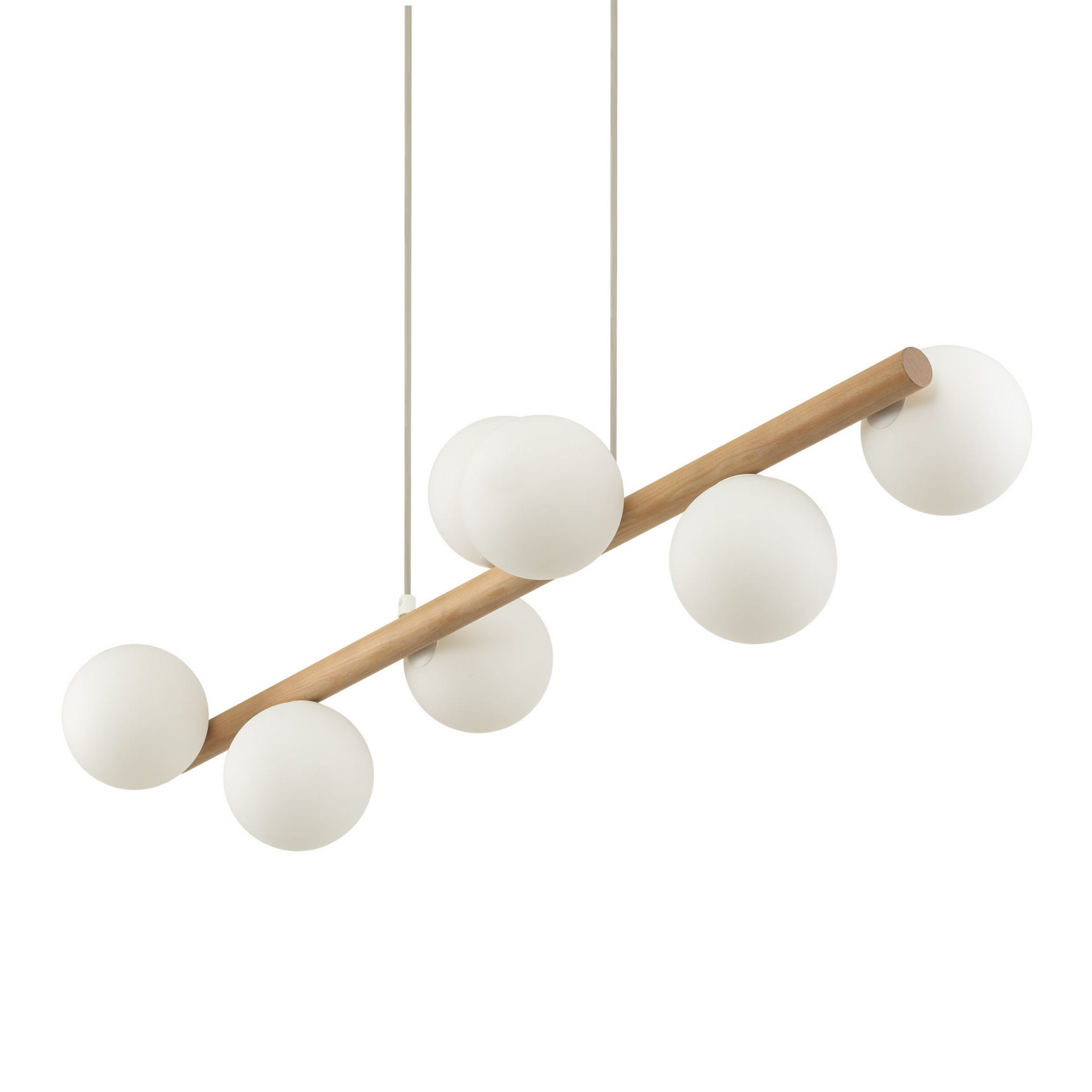 Lampa wisząca belka drewniana nowoczesna elegancka loft industrialna klosz szklany kule drewniana biała TK Lighting Estera 5905 7x6W G9