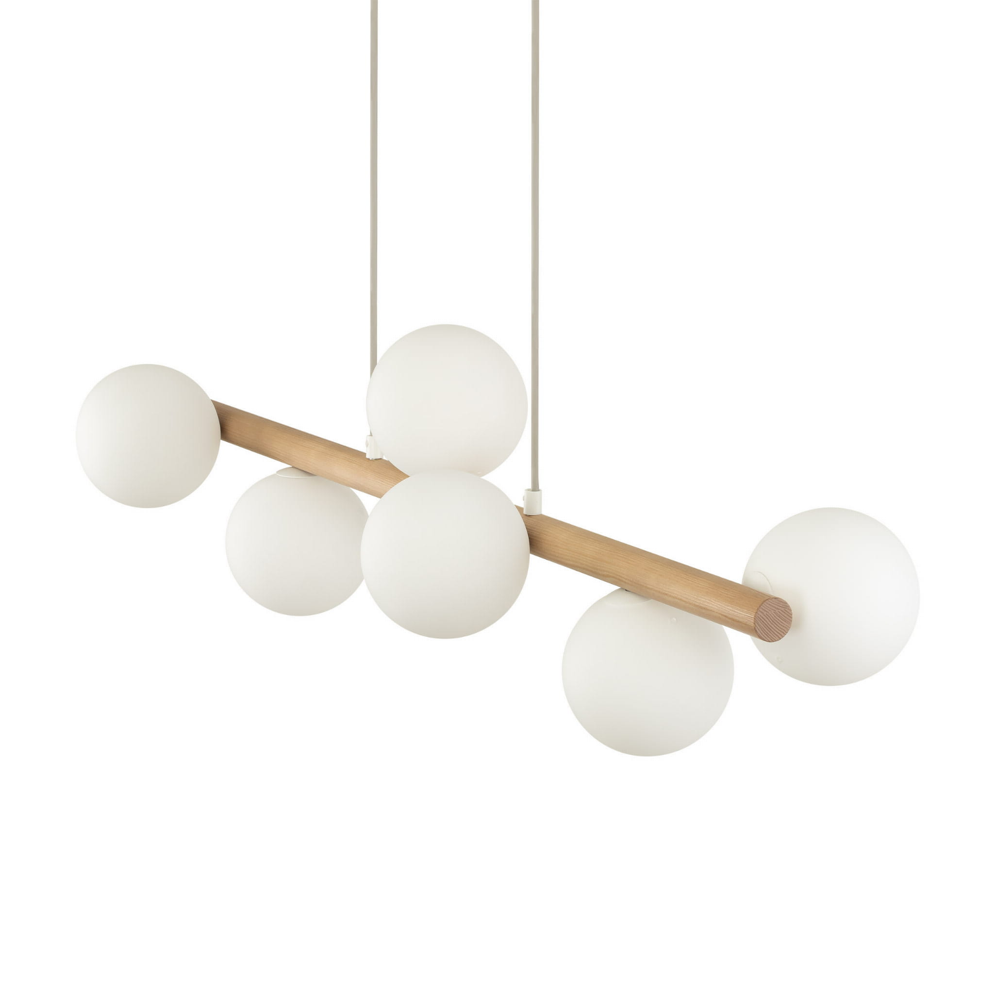 Lampa wisząca belka drewniana nowoczesna elegancka loft industrialna klosz szklany kule drewniana biała TK Lighting Estera 5905 7x6W G9
