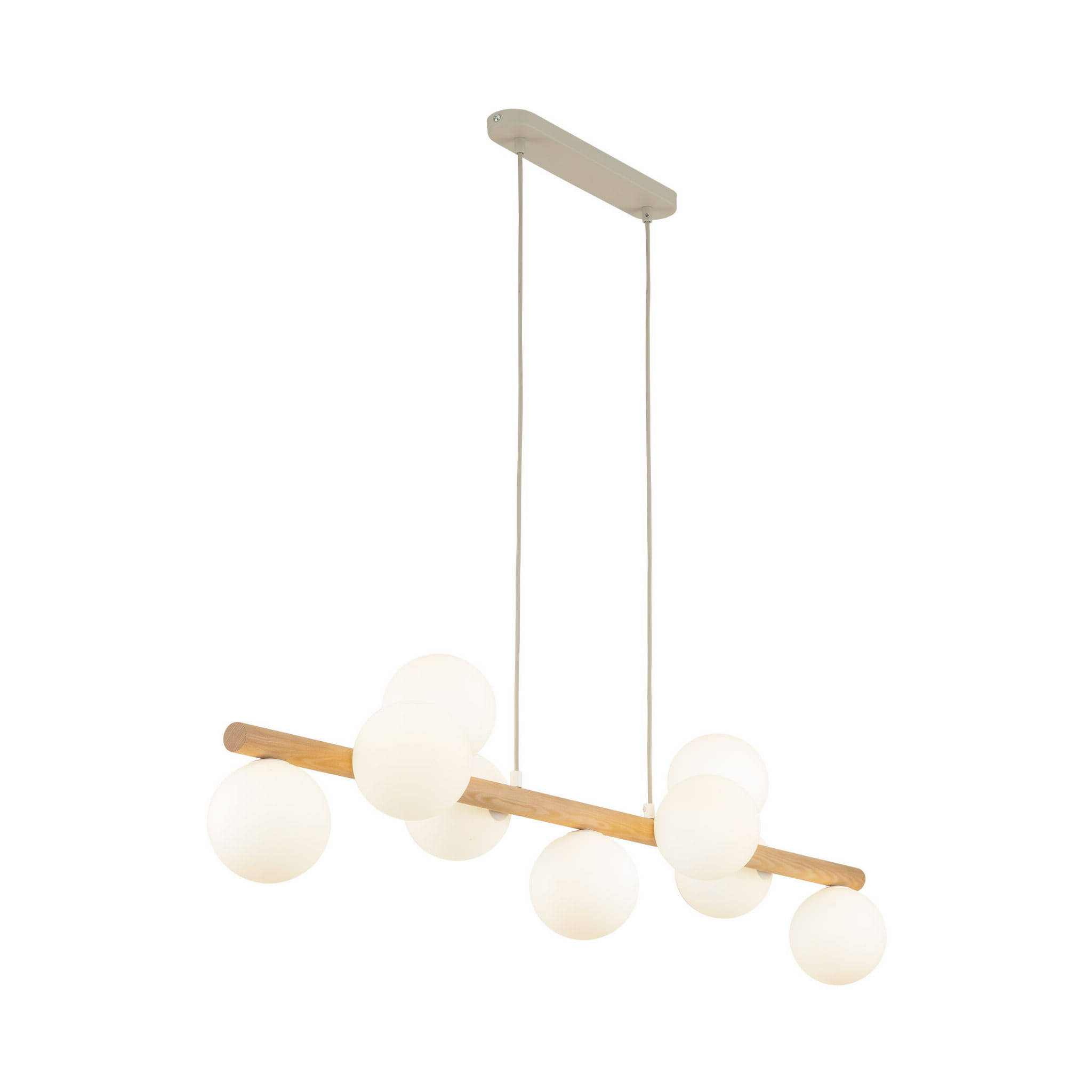 Lampa wisząca belka drewniana nowoczesna elegancka loft industrialna klosz szklany kule drewniana biała TK Lighting Estera 5906 9x6W G9