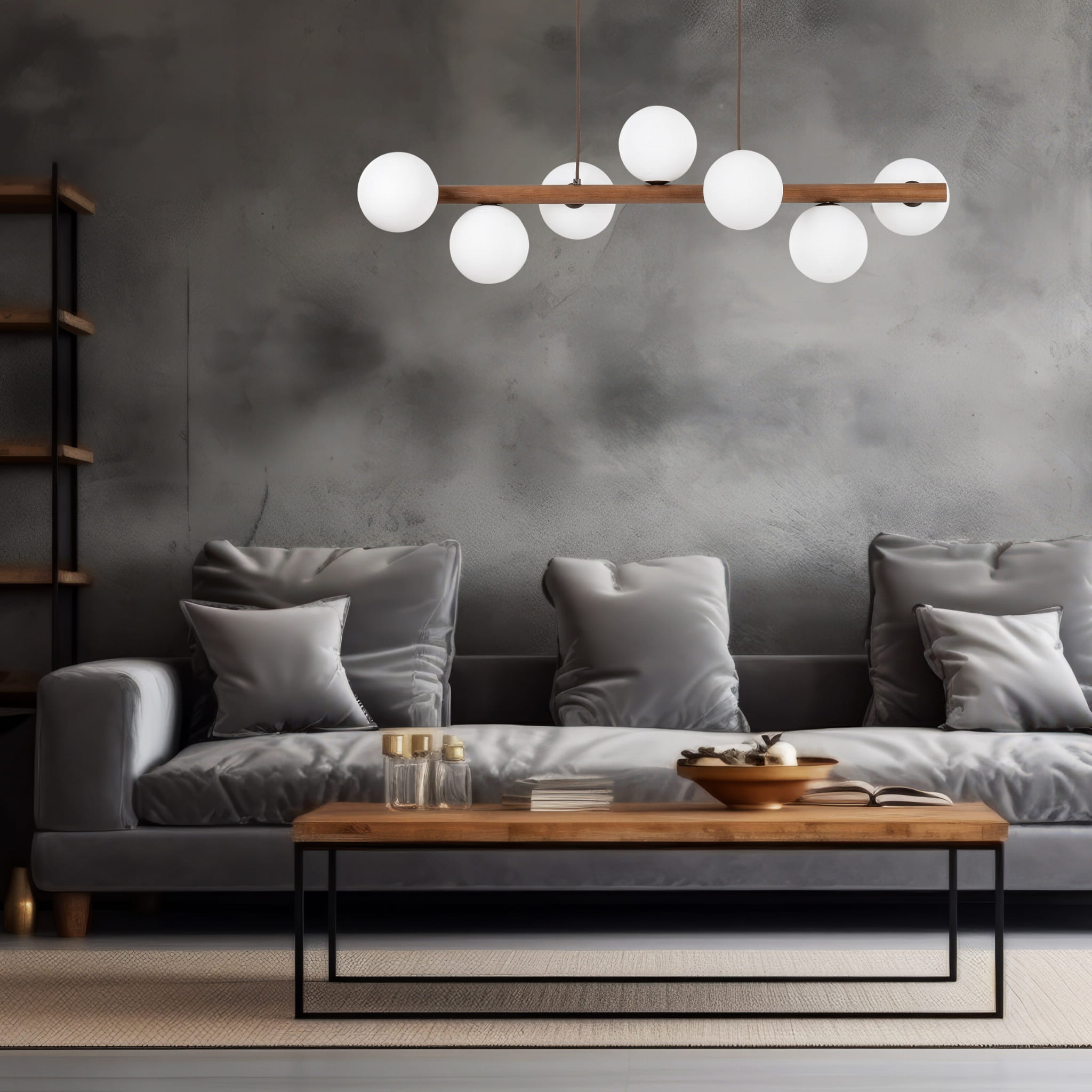 Lampa wisząca belka drewniana nowoczesna elegancka loft industrialna klosz szklany kule orzech biała TK Lighting Estera 10272 7x6W G9