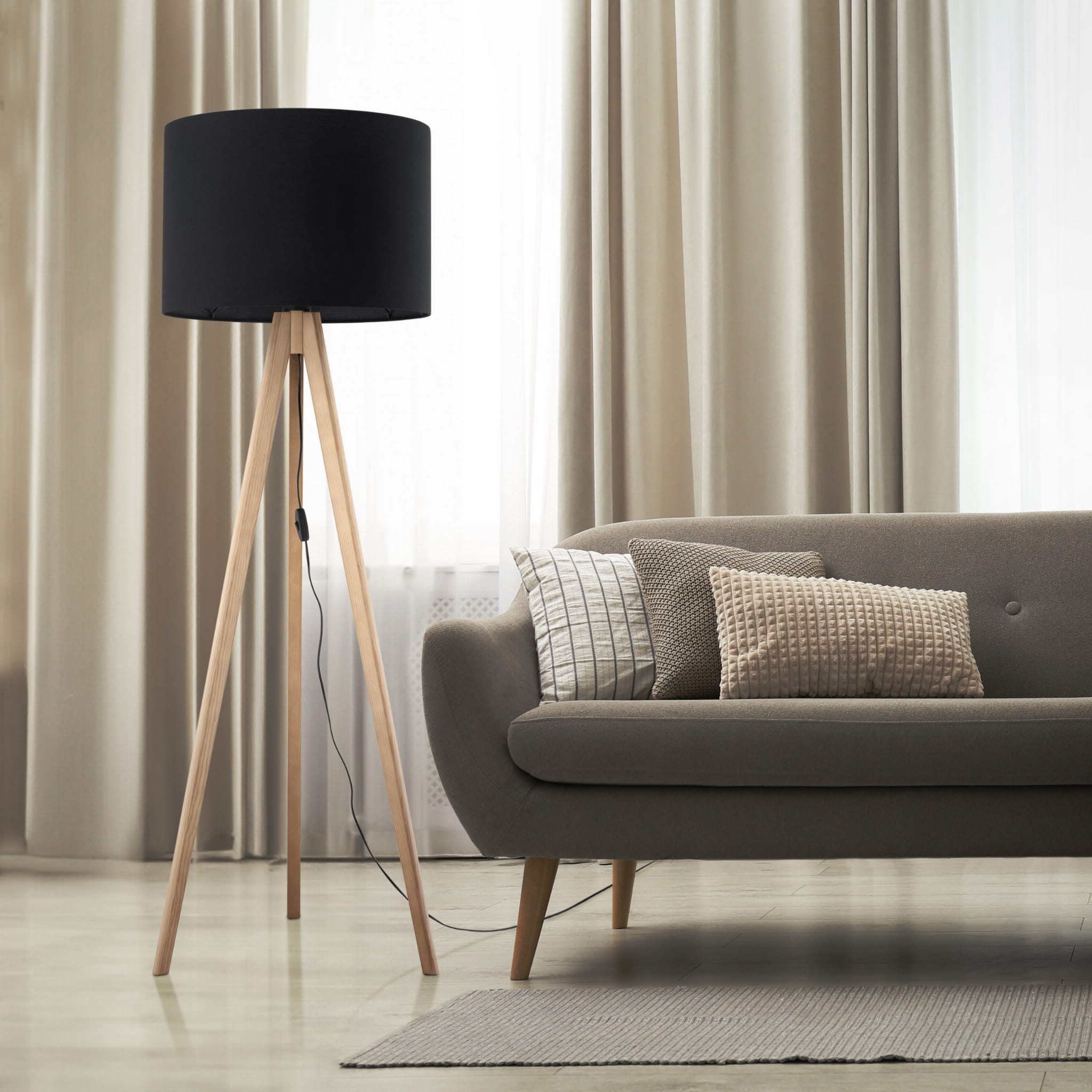 Lampa podłogowa nowoczesna skandynawska boho drewniana klosz materiałowy sosna czarna TK Lighting Grand 16008 1x15W E27