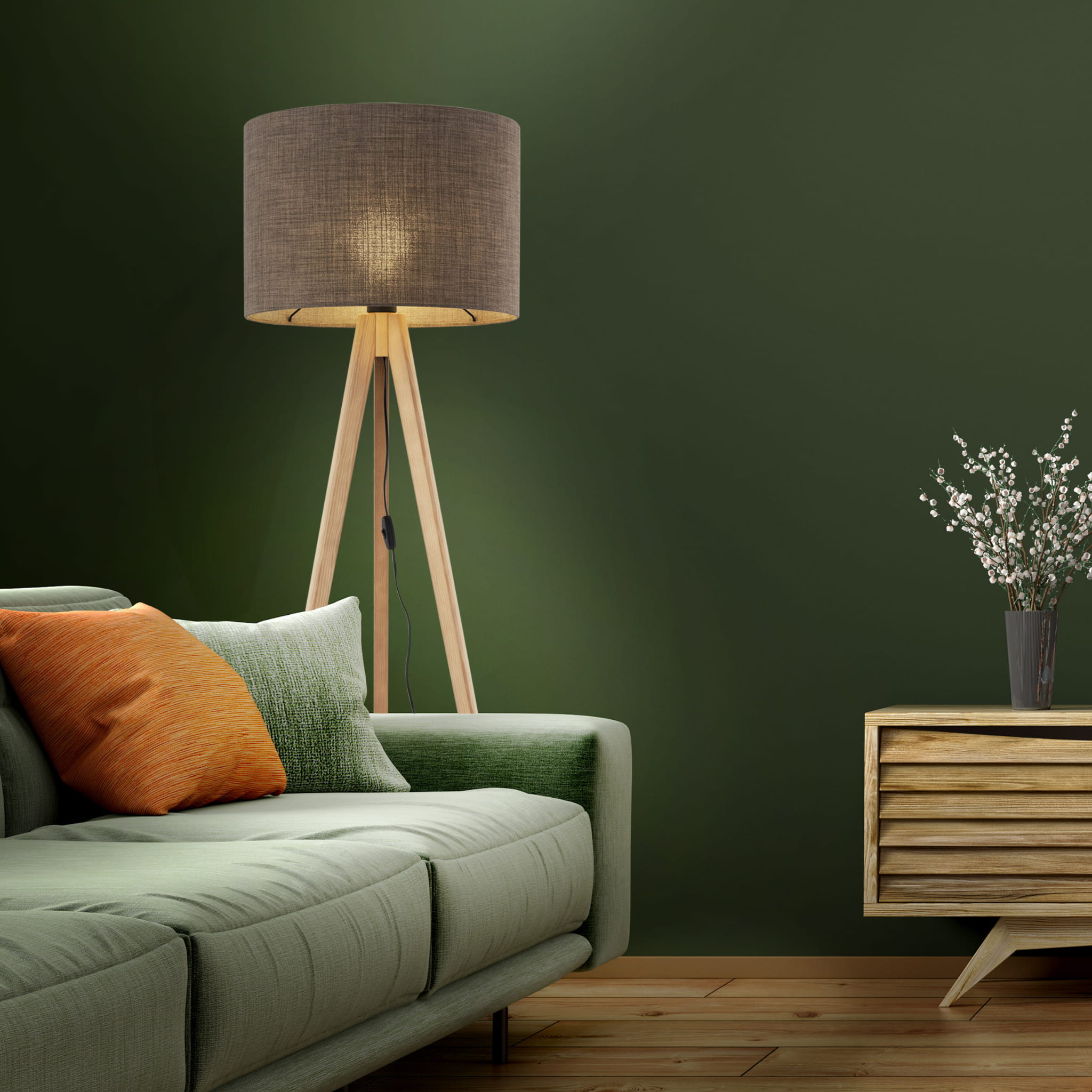 Lampa podłogowa nowoczesna skandynawska boho drewniana klosz materiałowy sosna brązowa TK Lighting Grand 16026 1x15W E27