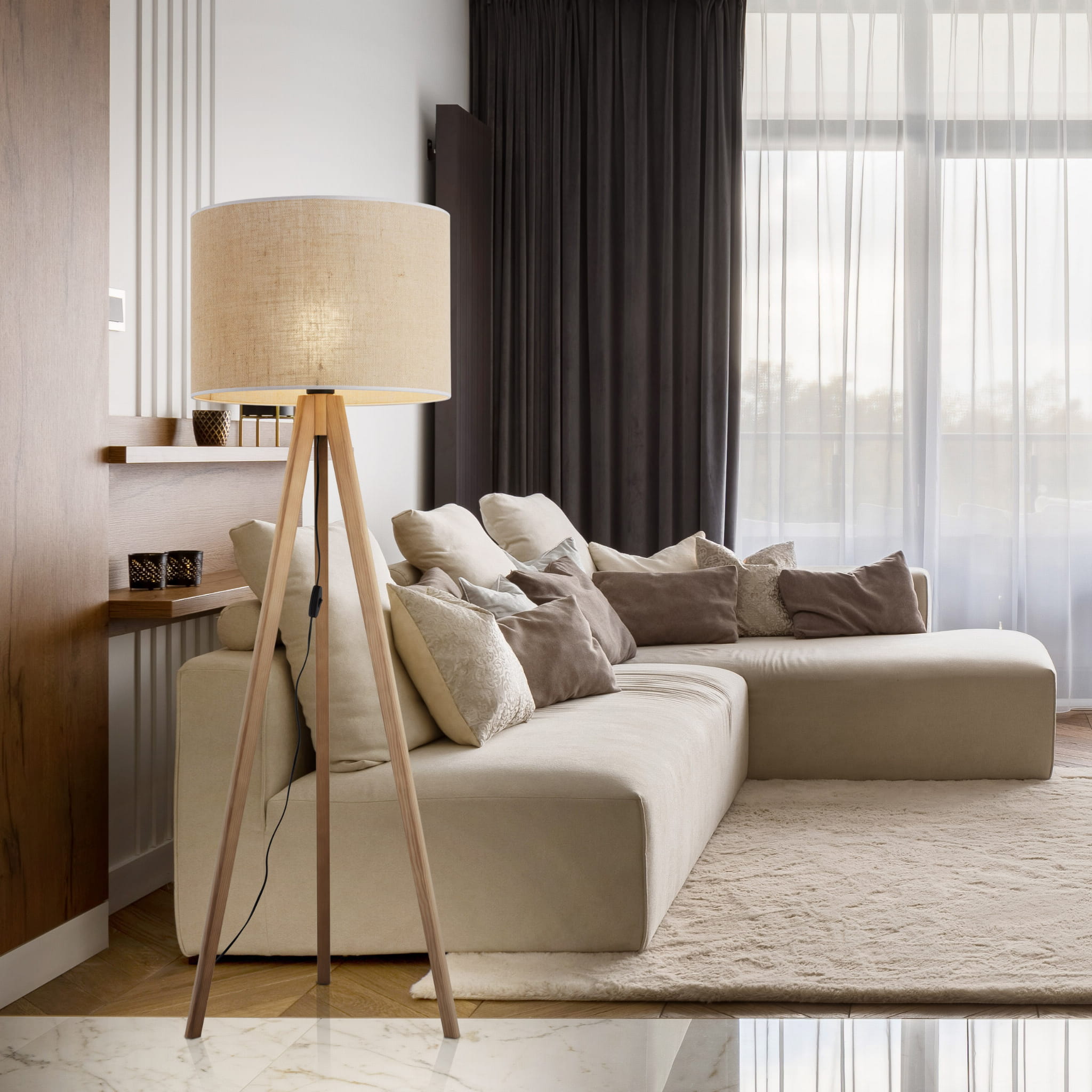 Lampa podłogowa nowoczesna skandynawska boho drewniana klosz materiałowy sosna juta TK Lighting Grand 16020 1x15W E27