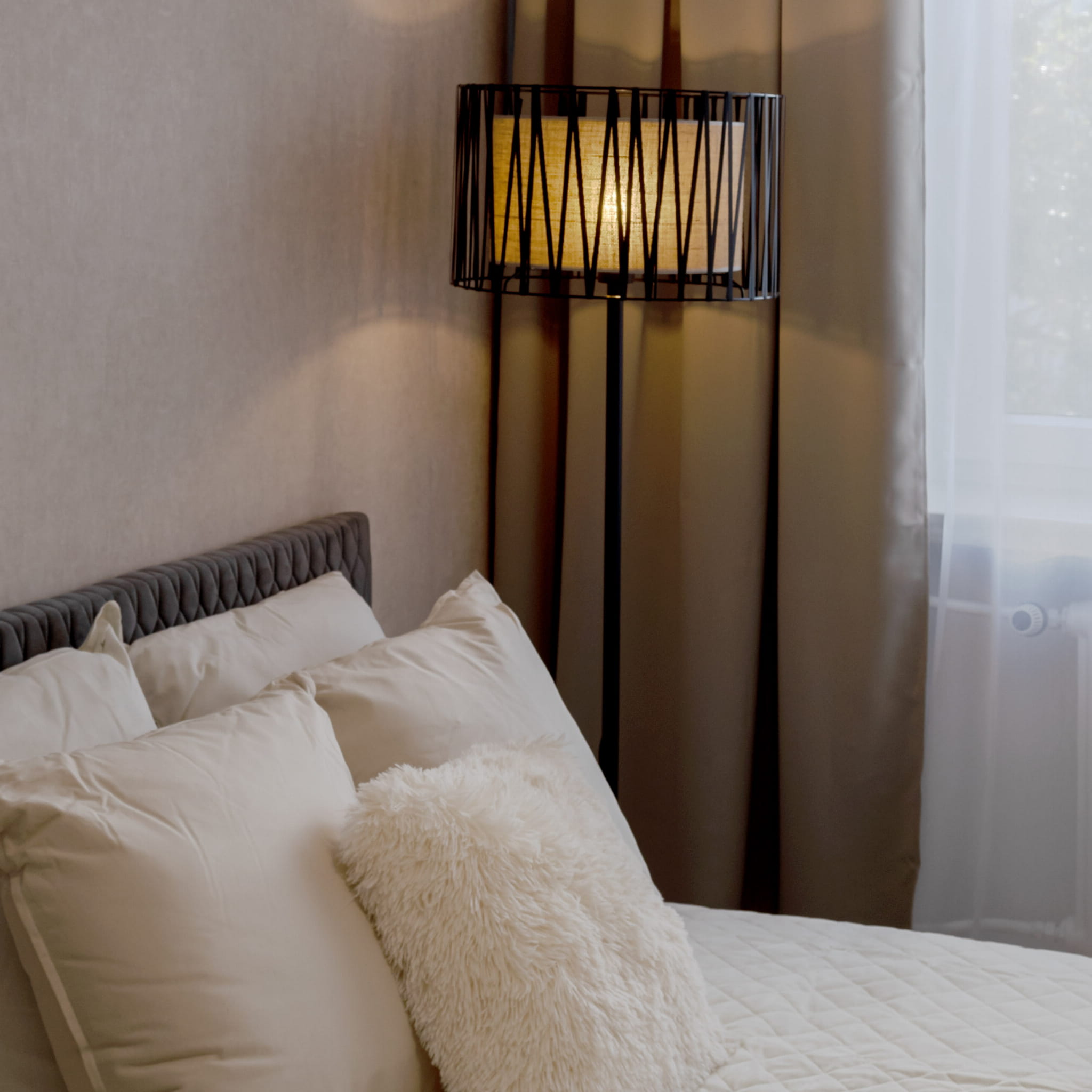 Lampa podłogowa nowoczesna skandynawska boho pręty metalowe abażur materiałowy czarna juta TK Lighting Harmony 5890 1x15W E27