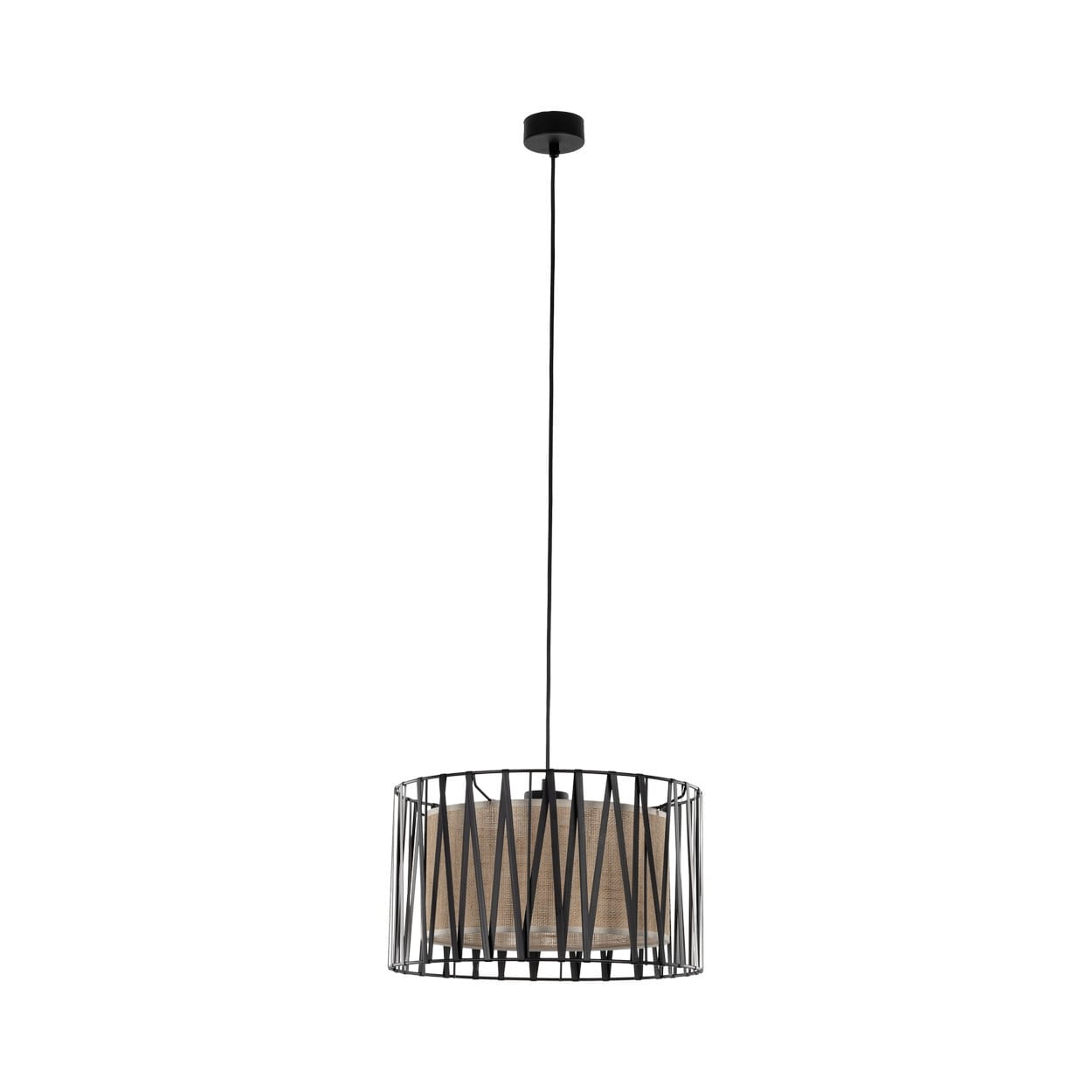Lampa wisząca nowoczesna skandynawska boho pręty metalowe abażur materiałowy czarna juta TK Lighting Harmony 4557 3x15W E27
