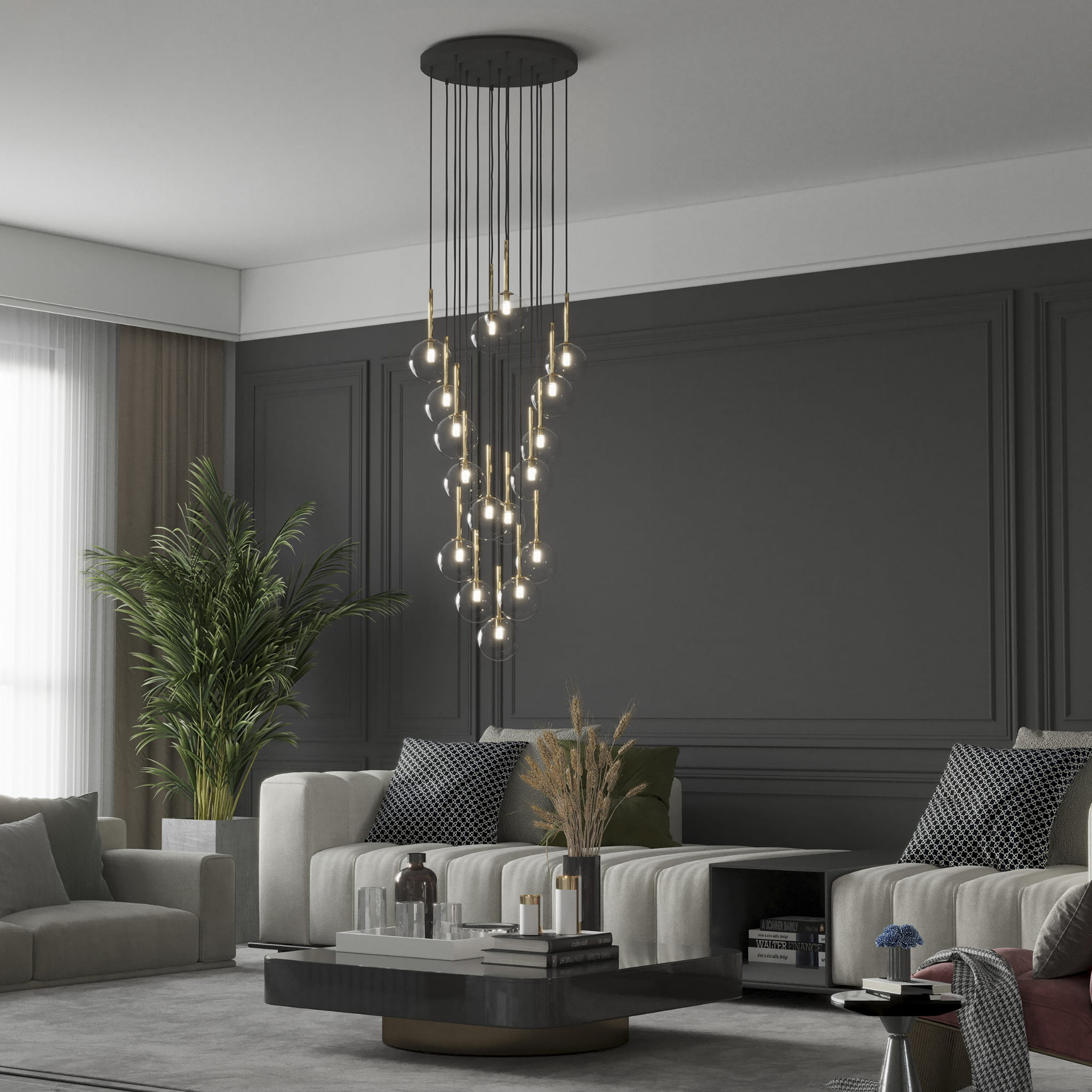 Lampa wisząca nowoczesna elegancka glamour klosz szklany kule czarna złota TK Lighting Nilos 5945 17x6W G9